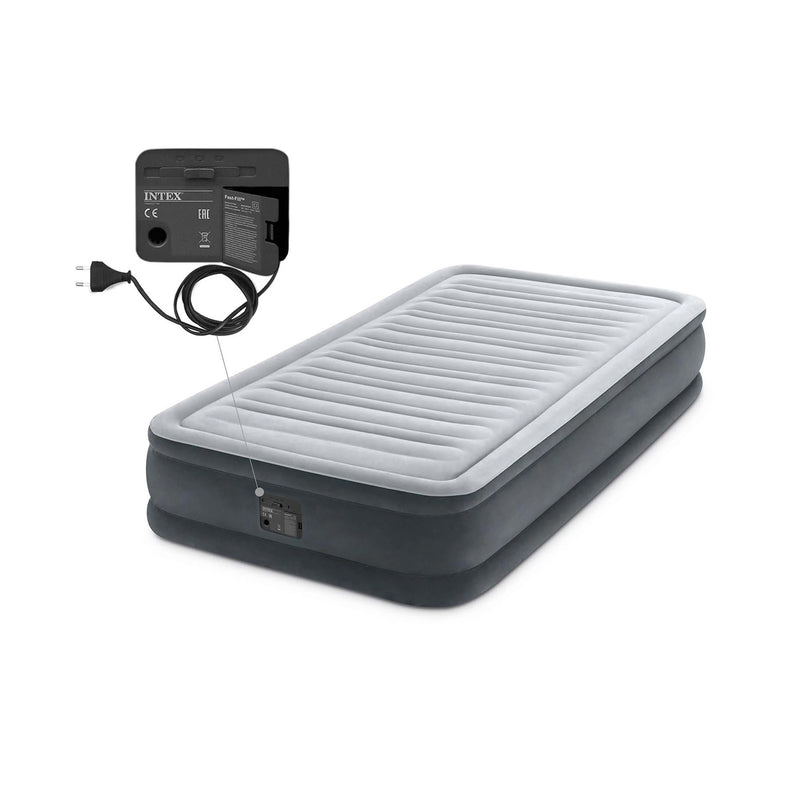 Intex Materasso Gonfiabile Dura-Beam Comfort Plush Singolo, con Pompa Elettrica Incorporata, PVC, Grigio, 99x191x33 cm
