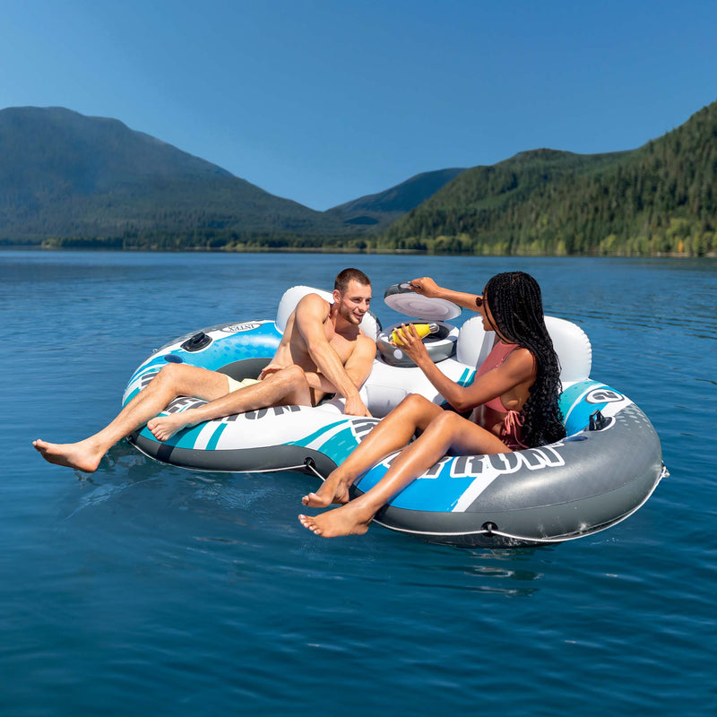 Intex Ciambella Gonfiabile Mare River Run Doppia, 2 posti, con mini frigo, PVC, Azzurro, 243x157 cm